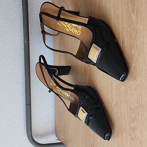 Salvatore Ferragamo Black Patent Leather Sling Back Heels 9
